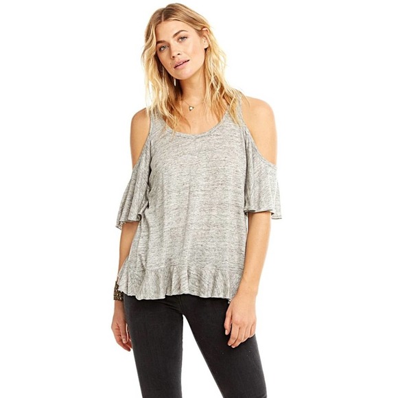 Chaser Tops - Chaser Linen Jersey Ruffle Vent-Back Open Shoulder Tee in Heather Grey NEW